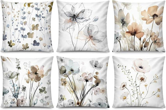 COMMINY Brown Grey Floral Pillow Cover 18x18 Set of 6 Watercolor Throw Pillow Covers Square Cushion Covers for Couch Sofa Living Room Home Decor