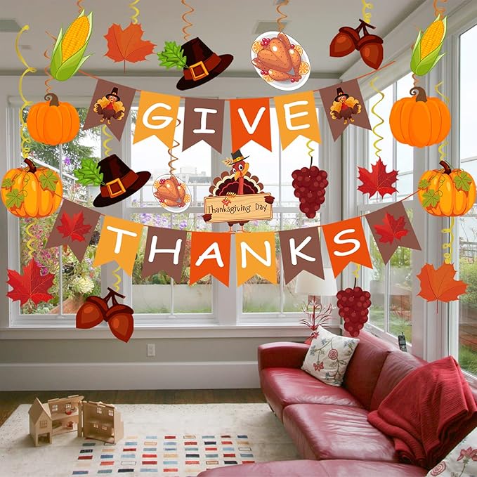 42Pcs Thanksgiving Decorations Pre-Assembled GIVE THANKS Banner Hanging Swirls for Indoor Home Party Office Classroom School Fall Decor