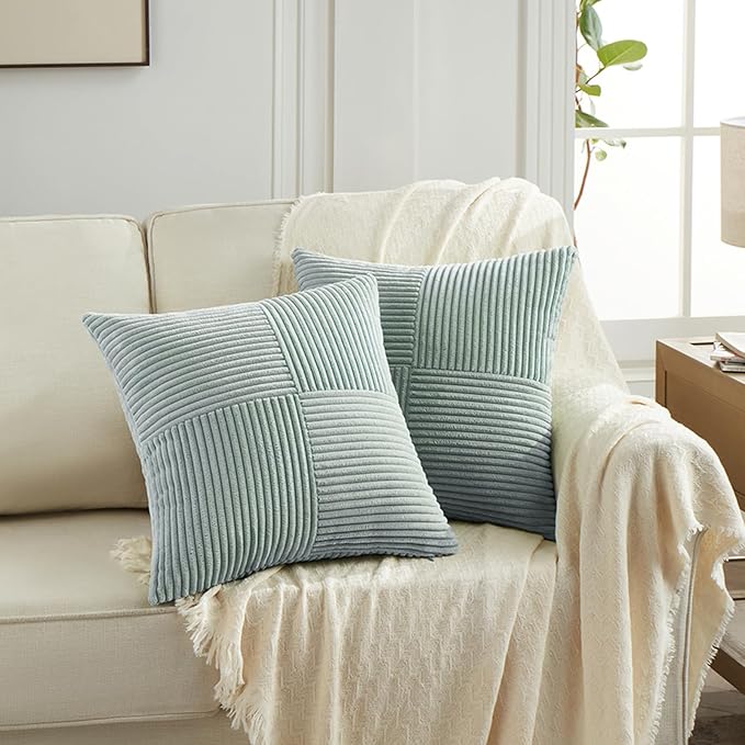 Fancy Homi 4 Packs Grey Blue Decorative Throw Pillow Covers 20x20 Inch for Couch Bed Sofa, Rustic Farmhouse Boho Home Decor, Soft Cross Corduroy Patchwork Accent Square Cushion Case 50x50 cm