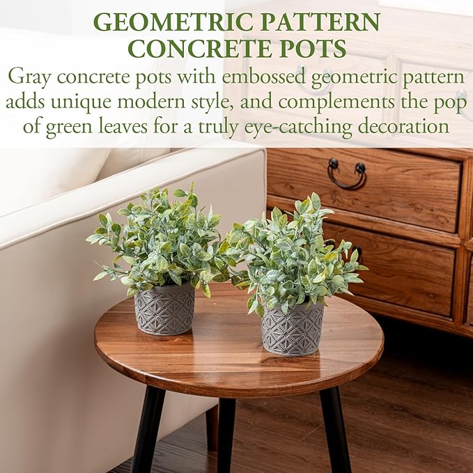 MyGift Set of 2 Fake Plants, Artificial Leafy Foliage Plants in Gray Concrete Pots, Faux Greenery House Plants Potted in Decorative Round Planters