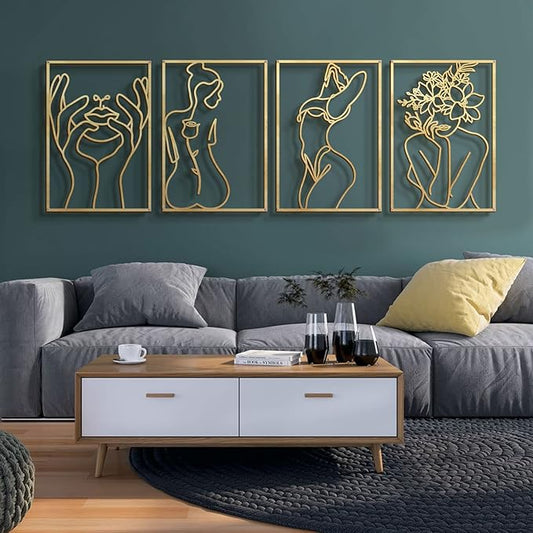 Glamativity 4 Pack Gold Wall Art Décor, Minimalist Single Line Real Metal Wall Art, Woman's Body Shape Abstract Wall Art (Gold Classic Style, 17 x 11.8'')