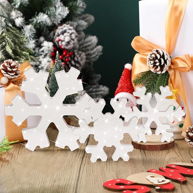 Bucherry 3 Pcs Winter Wooden Snowflake Decor Rustic Winter Snowflake Table Signs Wonderland Wood Blocks Farmhouse Christmas Tiered Tray Decorations for Xmas Table Shelf(Glitter White)