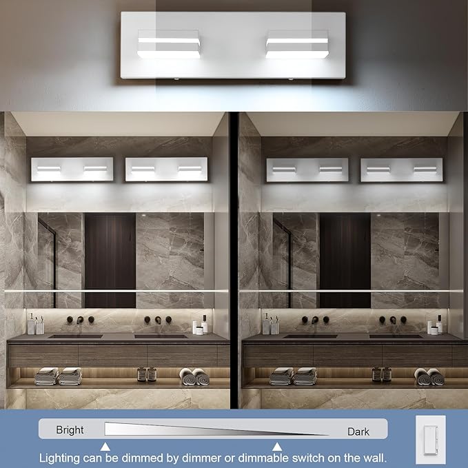 SineRise LED Modern Bathroom Vanity Light Fixtures (2-Light, 15.5-Inch, Dimmable), Matte White Modern Acrylic Bathroom Wall Lighting Fixtures Over Mirror (Cool White 6000K)