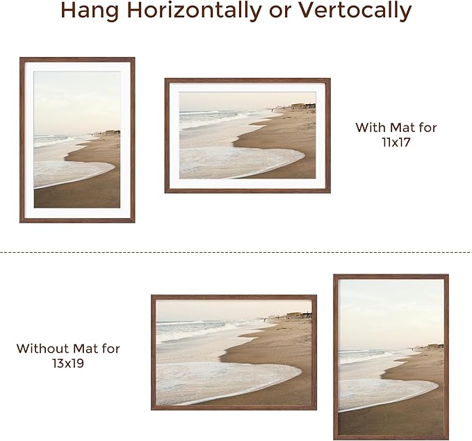 13x19 Picture Frame, Solid Oak Wood Frame 13 x 19 Frame for Wall, 13"x19" Photo Frame with Tempered Real Glass, 13x19 Picture Frame Matted to 11x17, Rustic Wooden 13x19 Poster Frame, Walnut Color