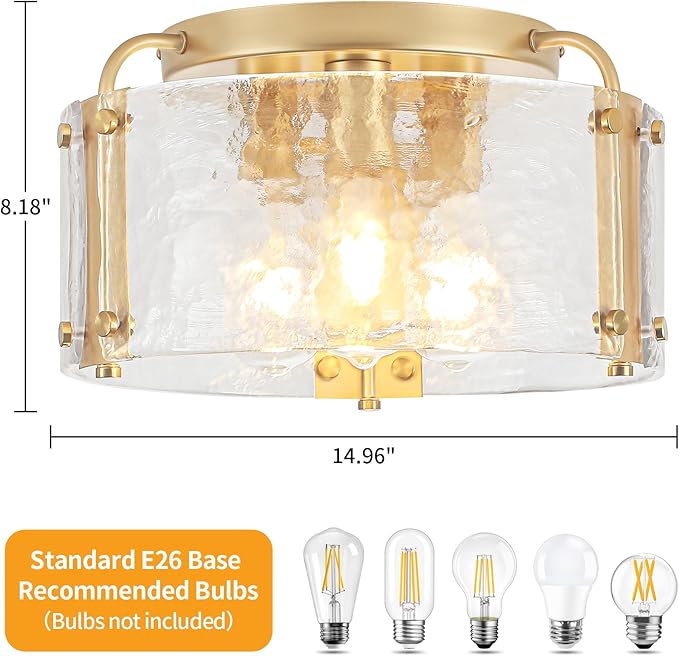 TOULMJ 15'' Semi Flush Mount Ceiling Light, Gold Morden Hallway Light Fixture 3-Light Ceiling Light Fixture with Seeded Glass Shade for Dining Room Hallway Entryway Bedroom Laundry Room
