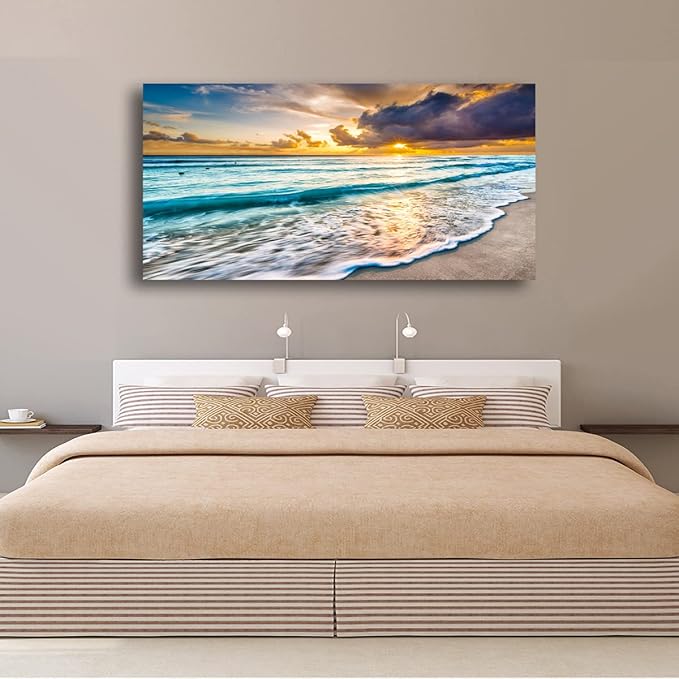 Beach Seascape Pictures Canvas Wall Art for Home Decor Wave Sunset Prints Paintings for Living Room Bedroom Decorations Natural Landscape Artwork 20x40inches