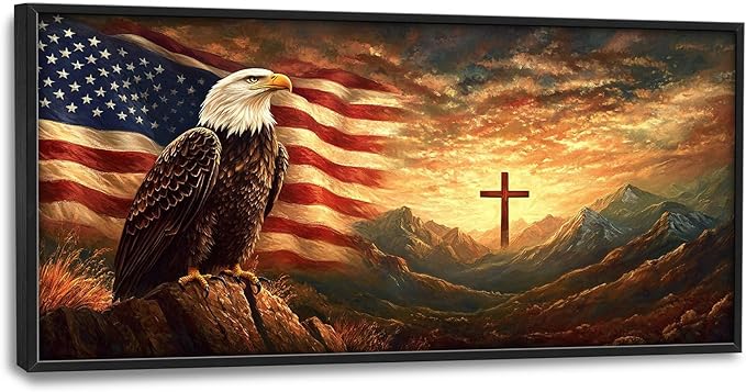 Framed Large Wall Art for Living Room, Bald Eagle American Flag Canvas Wall Decor, Large Christian Cross Picture Framed Painting, Modern Artwork for Bedroom Office 60L'' × 30W''