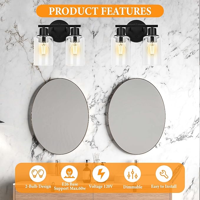 2-Light Bathroom Vanity Light Fixture Black Two Bulb Vanity Bathroom Lights Over Mirror, 2-Light Black Wall Sconce Over Sink