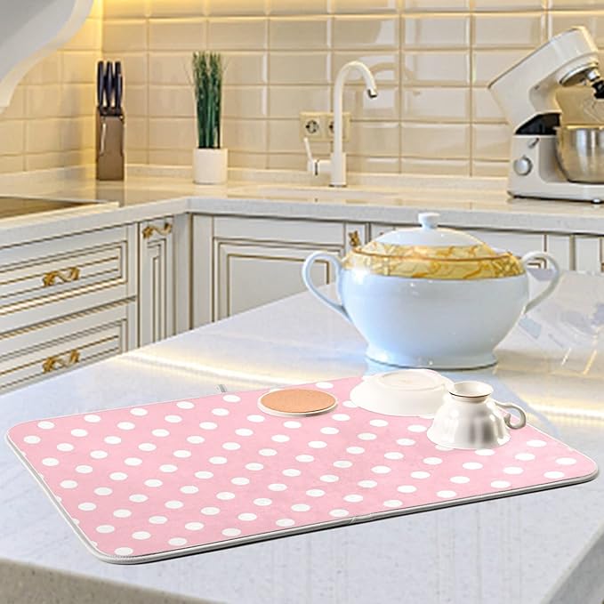 Pink White Polka Dot Dish Drying Mat for Kitchen Counter 16 x 18 Inch Absorbent Microfiber Valentines Dry Dishes Rack Mats Drainer Mat Dish Drying Pad for Countertops Decor