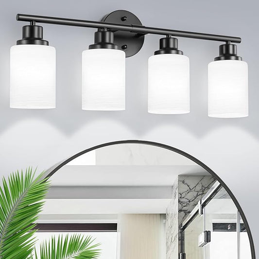4-Light Matte Black Vanity Lights for Mirror, Bathroom Light Fixtures with Milky White Frosted Striped Glass Shade, Modern Kitchen Light Fixtures Wall Sconce Light - E26 Base