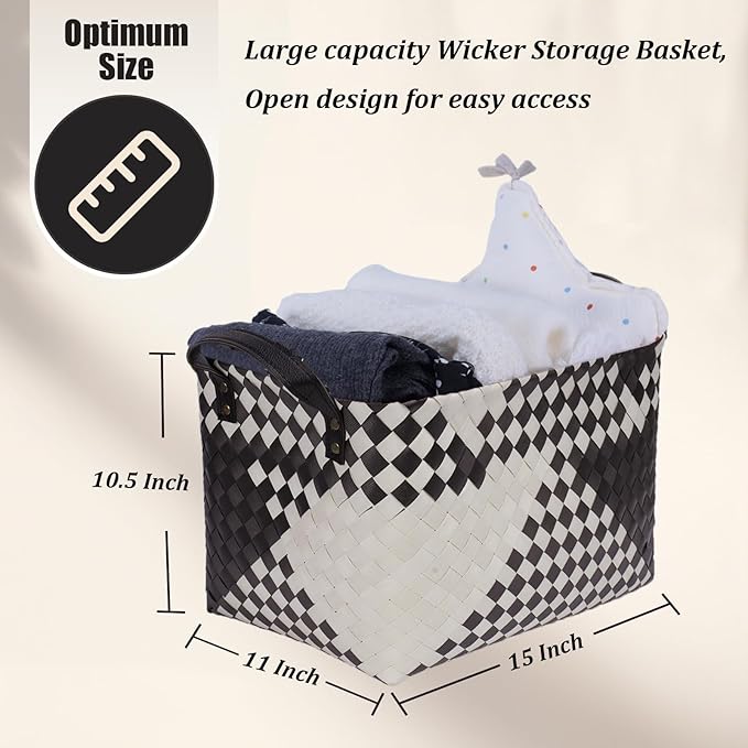 BROWNLILY Handwoven Clothes Basket Laundry Hampers Large Wicker Storage Baskets for Shelves Blankets Closet Storage Bins Car Bedroom Bathroom Organizers and Storage Bath (Pack of 4, Beige & Black)