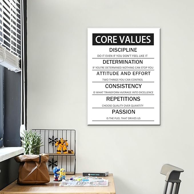 Motivational Poster Core Values Inspirational Canvas Wall Art Black and White Painting Artwork for Living Room Office Modern Home Decor Prints Pictures Wall Decor Framed Ready to Hang [18''W x 24''H]