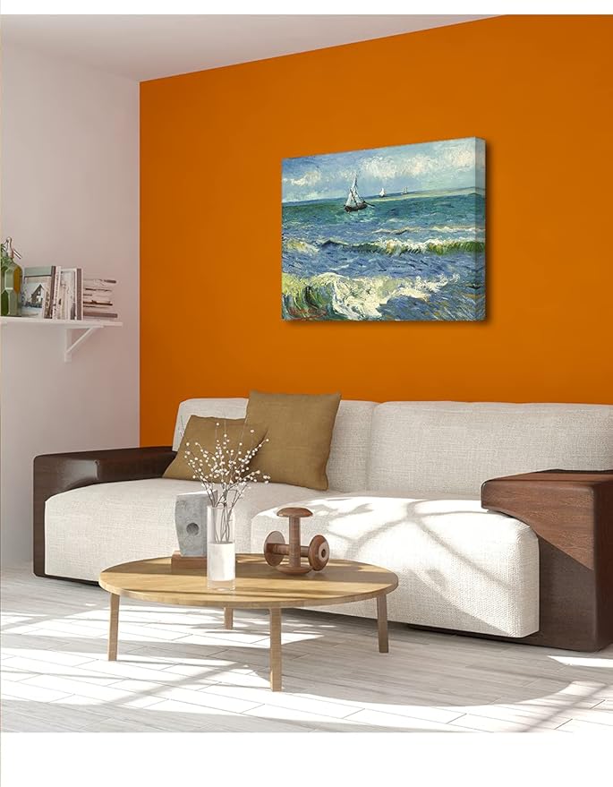 DECORARTS - The Sea at Les Saintes-Maries-de-la-Mer, Vincent Van Gogh Art Reproduction. Giclee Canvas Prints Wall Art for Home Decor 30x24