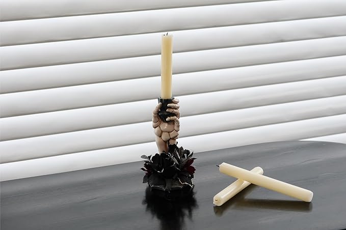 Halloween Candle Holder, Resin Skeleton Hand Candlestick with Black Faux Flower, Halloween Decor for Home Table, 7" Height
