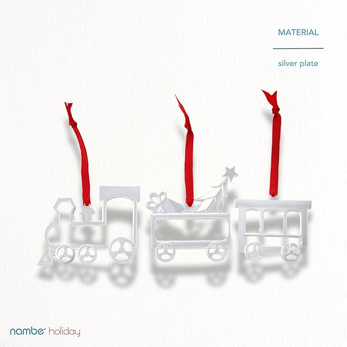 Nambe Holiday Train Mini Ornament Set – 3-Piece Engine, Toy Car & Caboose, Silver and Gold Plated Christmas Ornaments for Tree, Festive Holiday Décor, Gift Toppers or Collectible Keepsakes, 3" Each