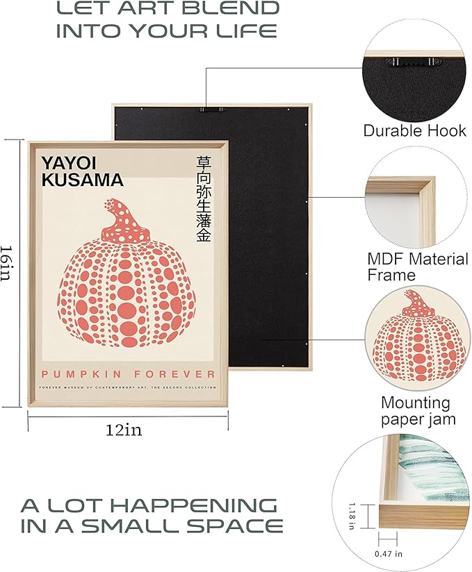 UPWOIGH 12x16 Framed Wall Art Set of 3, Yayoi Kusama Pumpkin Infinity Net Dots Canvas Prints, Modern Cotton Pattern Wall Decor for Living Room Bedroom, Gift