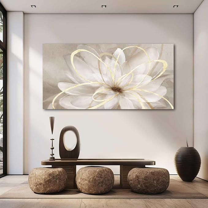 Kureful Large Painting Flower Canvas Wall Art for Living Room 30"x60" Gold Wall Decor Line Art Picture Wall Decor for Girls Bedroom Dining Room Kitchen