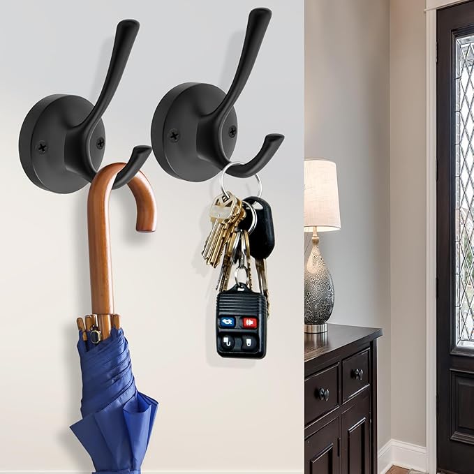 Black Towel Hooks, 2 Pack Coat Robe Hook Heavy Duty Metal Double Bathrobe Hook Wall Mounted, Hand Towels Hooks for Cubicle Bathroom Kitchen Closet Garage