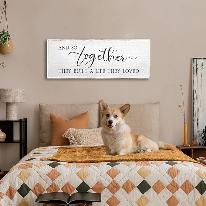 And So Together They Built A Life They Loved Wall Decor 40”X15” Rustic Master Bedroom Large Wood Framed Sign Above Bed Modern Farmhouse Quotes Couple Wall Art Over Bed Hanging Decoration (White)