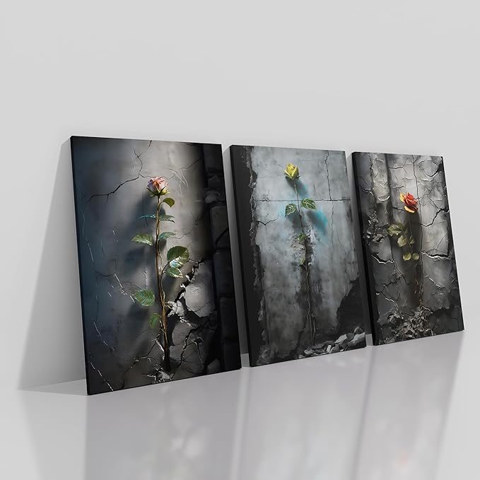 Vintage Floral Canvas Poster Wall Art 3 Roses in The Cracked Retro Botanical Picture Painting Wall Decor Artwork Use for Modern Home Bedroom Living Room Stretched and Framed [48''W X 24''H]