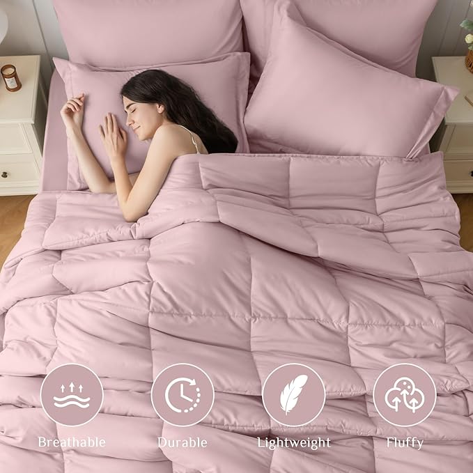 JOLLYVOGUE Twin XL Comforter Set, Ultra-Soft Bed in a Bag Twin XL Size 5 Pieces, Oeko-TEX Certified Bedding Set with Down Alternative Comforter, Sheets, Pillowcases & Shams, Camio Pink