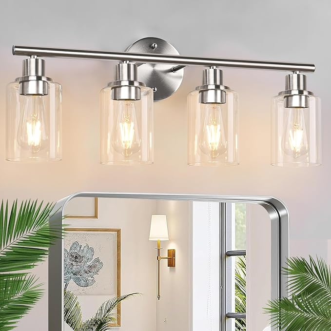 4-Light Bathroom Light Fixtures, Brushed Nickel Modern Vanity Lights Over Mirror with Clear Glass Shade, Bathroom Wall Lamp for Mirror Kitchen Living Room Hallway Cabinet Porch Bedroom Reading room
