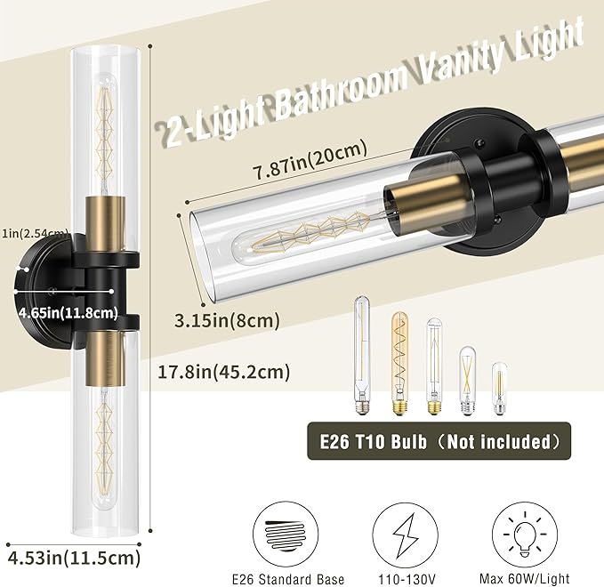 Espird Wall Sconces Set of Two Black & Gold, Bathroom Light Fixtures 2-Light,Bathroom Vanity Lights Over Mirror, Industrial Lighting, Modern Brushed Brass Vanity Lighting Fixtures