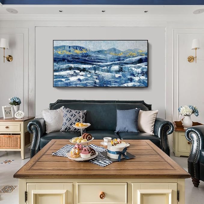 Framed Wall Art for Living Room Blue Black Yellow Abstract Mountain Peaks Canvas Print Sea Landscape Painting White Ocean Waves Textured Picture Modern Minimalist Seascape Coastal Artwork 30x60inch