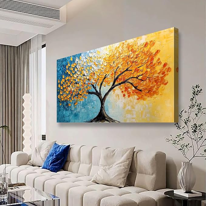 Blue and Yellow Canvas Wall Art Bedroom Wall Decor Living Room,Abstract Tree Leaves Wall Art Office Kitchen Paintings Artwork Modern Golden LeafPictures Art Prints Waterproof Ready to Hang-20x40inch
