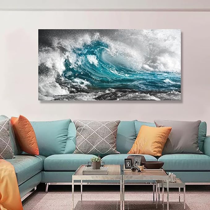 Sea Wave Pictures Canvas Wall Art For Living Room Bedroom Wall Decor,Surge Wall Art Print Paitnings for Home Decor,Morden Artwork Sea Seascape Canvas Art Waterproof Ready to Hang-24x48Inches