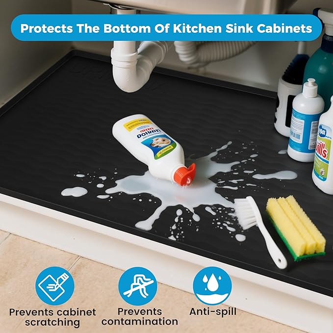 URMONA 31'' x 22'' Waterproof Silicone Under Sink Mat Cabinet and Counter Protector, Shelf Liner for Kitchen and Bathroom, Storage and Organizers, Litter Mat, Pet Cat Puppy Essentials（Light Cream）