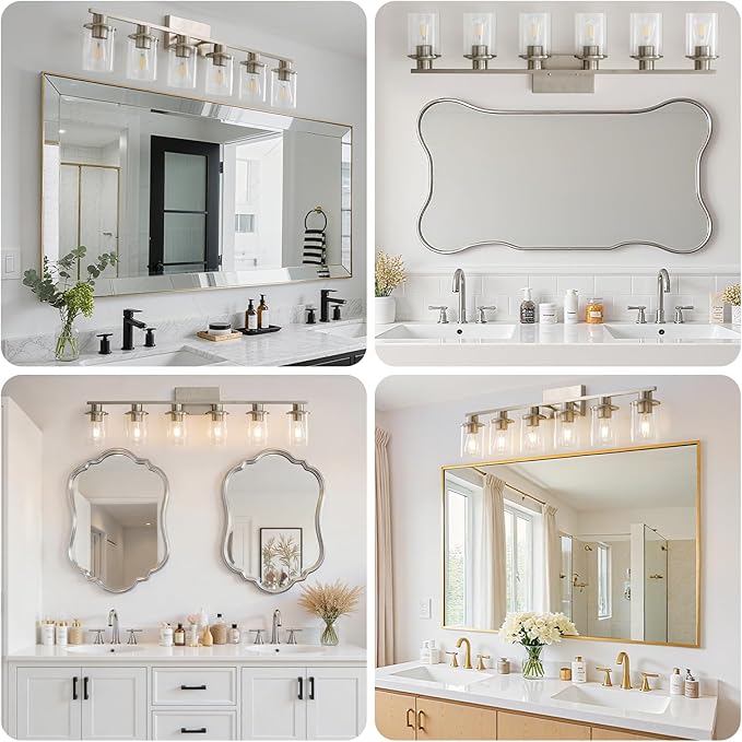 LOUSACE 6 Light Bathroom Vanity Light, Brushed Nickel Bathroom Light Fixtures, Modern Bathroom Lights over Mirror with Clear Glass Shade, Wall Vanity Lighting Fixtures for Bathroom Bedroom Living Room