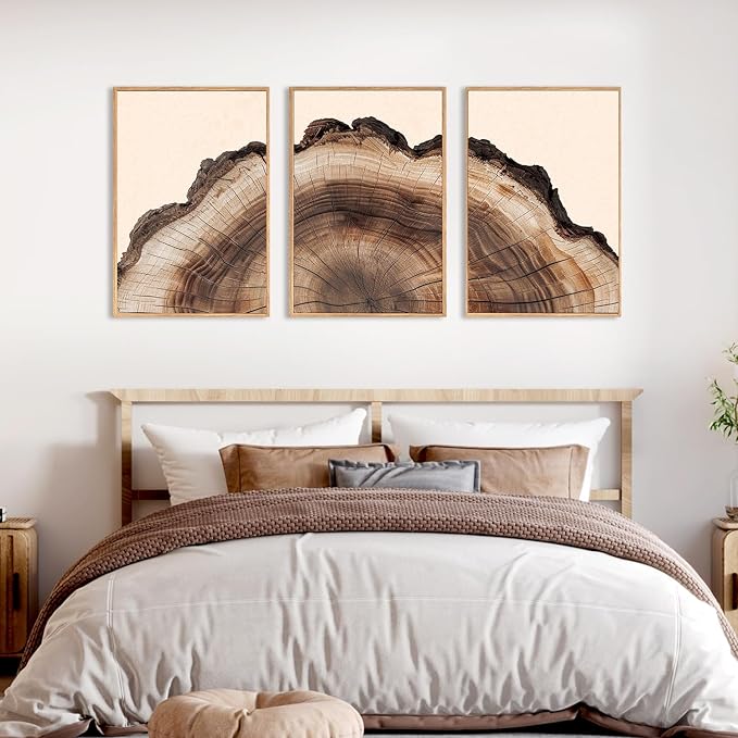 KAIRNE Framed Tree Ring Wall Art Set, Retro Wood Stump Wall Decor, Tree Spiral Wall Painting, Modern Nature Canvas Art Prints for Living Room, Bedroom, Dinning Room, Farmhouse - Large 16"x24"x3