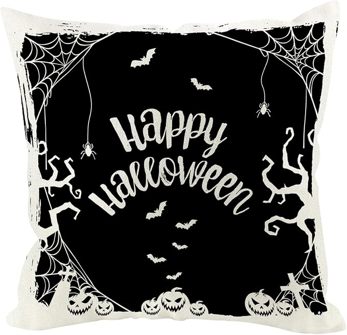 Halloween Pillow Covers 16x16 inch Set of 4, Linen Outdoor Pumpkin Spider Web Vintage Farmhouse Party Supplies Black and White Decorations for Sofa Couch