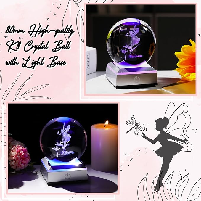 3.15"/8CM Crystal Ball 3D Engraved Fairy with Dragonfly Gifts for Girlfriend Girls Glass Sphere with LED Colorful Base Ideas on Birthday Christmas for Her Home Decor Figurine