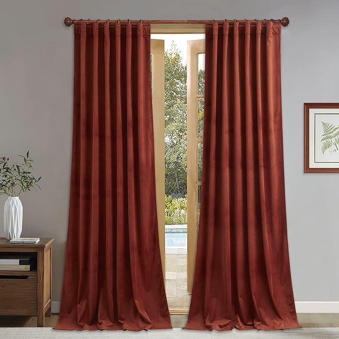 StangH Christmas Rust Red Curtains 105 inches Back Tab Light Blocking Velvet Drapes, Heavy Duty Thermal Panels for Warm & Inviting Living Rooms, W52 x L105, 2 Panels