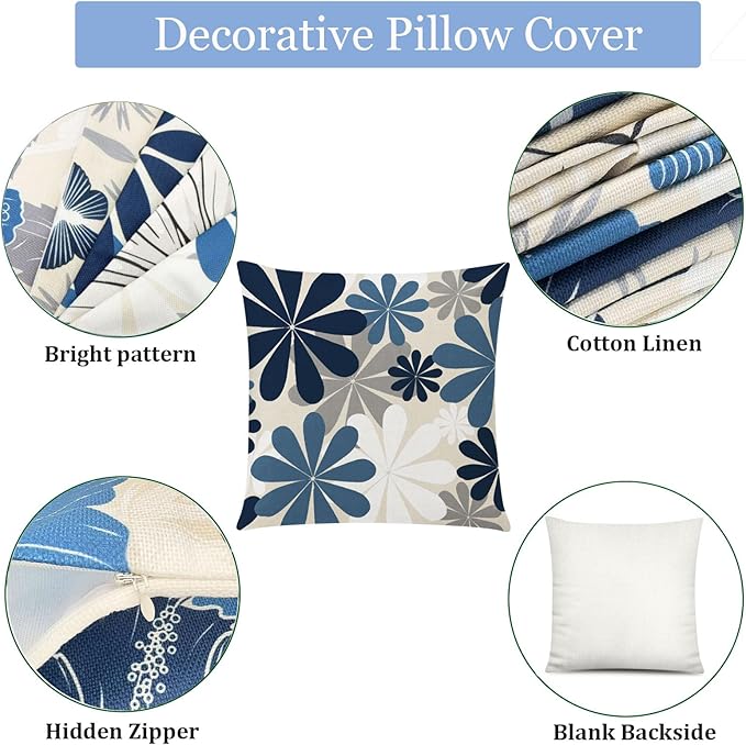 Blue White Pillow Covers 16x16 Set of 6, Daisy Dahlia Throw Pillow Cover, Beige Pillowcase, Modern Couch Pillow Cover for Sofa Living Room Farmhouse Home Decor