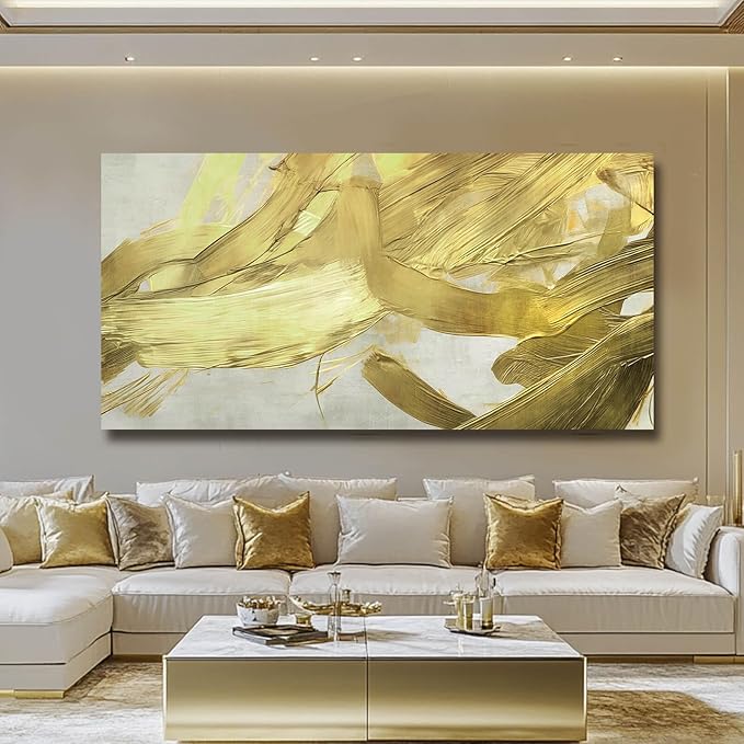 VAYIMDH Minimalist Room Decor Abstract Canvas Pictures Gold Painting on White Background 29"x 58" Large Wall Art for Living Room Bedroom Home Decorations