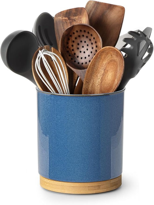 Nucookery 360°Rotating Utensil Holder, 7.2" Kitchen Utensil Crock, Ceramic Cooking Utensil Organizer with Countertop-Protection Cork Bottom for Farmhouse Kitchen Decor Christmas (Royal blue)