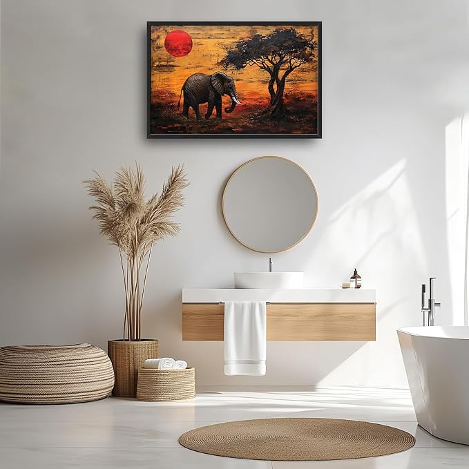 Elephant Framed Wall Art for Living Room, Large African Elephant Canvas Wall Decor, Wild Animal Sunset Picture Painting, Modern Artwork for Bathroom Bedroom 36L'' × 24W''