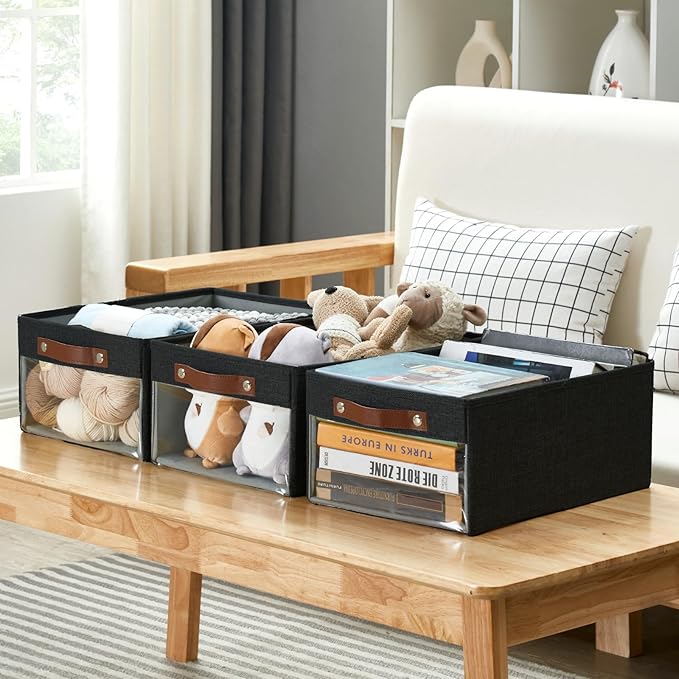 Medium Storage Baskets with Clear Window, See Through Closet Organizer with PU Handles, Linen Foldable Storage Bins for Organizing Clothes, Toys, Books (Black)