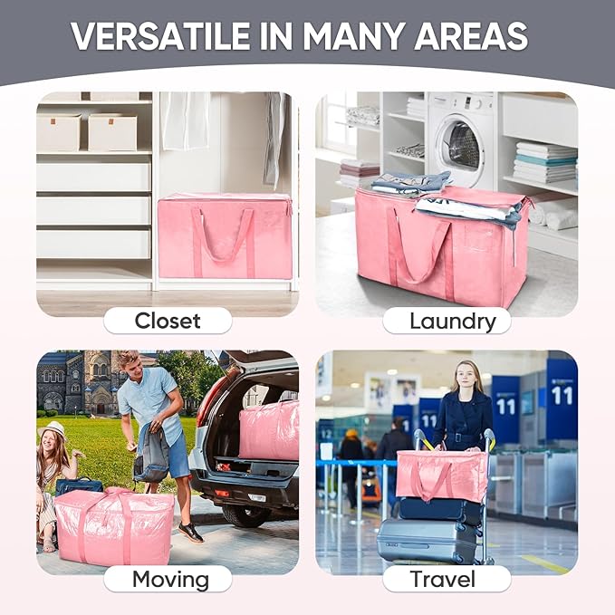 TICONN 2 Pack Extra Large Moving Bags with Zippers & Carrying Handles, Heavy-Duty Storage Tote Moving Boxes for Space Saving (2 Pack, Coral)