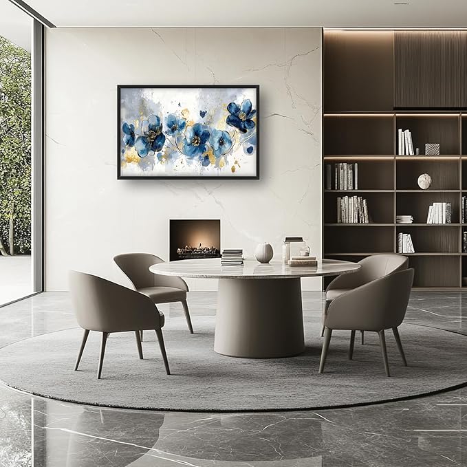 Extra Large Framed Abstract Blue Flower Wall Art,Oversized Golden Grey Floral Wall Decor Pictures for Living Room,Canvas Print Painting Modern Artwork Bedroom Office Bathroom Home Decor 36L" x 24W"