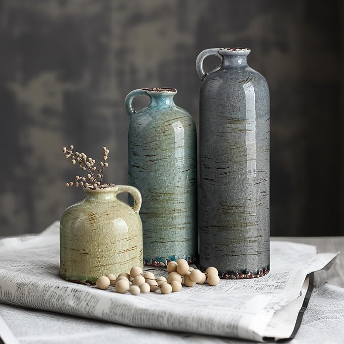 Ceramic Vase Set of 3 – Handcrafted Modern Farmhouse Decorative Vase, Neutral Pottery for Pampas Grass, Flowers, Table Centerpieces, Living Room, Mantel & Shelf Decor – Multicolor