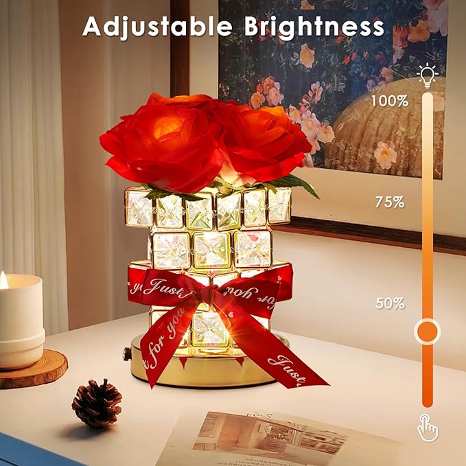 Rose Flower Table Lamp Gifts: for Women/Mother's Day/Mom/Grandma/Sister/Girlfriend, Battery Powered Small Night Light for Kitchen Bedroom Office Decor,Rechargeable Cordless Touch Crystal Lamp