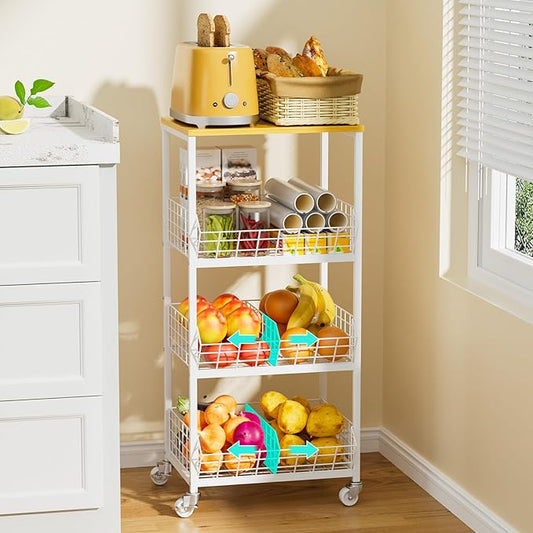 HapiRm Kitchen Fruit Vegetable Cart - 4 Tier Rolling Storage Rack with Wheels and Dividers, Coffee Station Cart Rack Shelf Organizer for Onion, Potato, Snack, Fruit, Vegetable Storage Stand, White