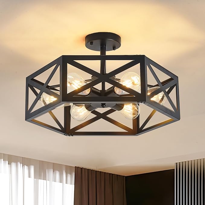 Modern Semi Flush Mount Ceiling Light,19.7" 6-Light Hexagon Flush Mount Ceiling Lights for Dining Room Light Fixture,Farmhouse Black Metal Kitchen Island Lighting Fixtures for Hallway,Bathroom