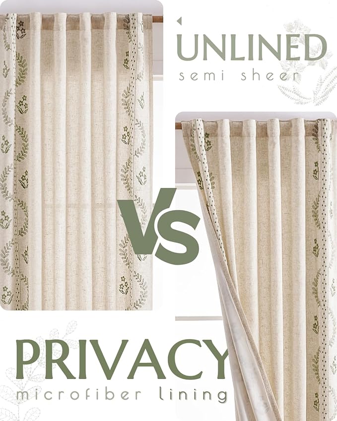 jinchan Belrose Lined Linen Blend Curtains Floral Curtains for Bedroom 96 Inch Length Sage Green Embroidered Drapes Rod Pocket Farmhouse Flower Drapes for Living Room Window Treatments Set 2 Panels