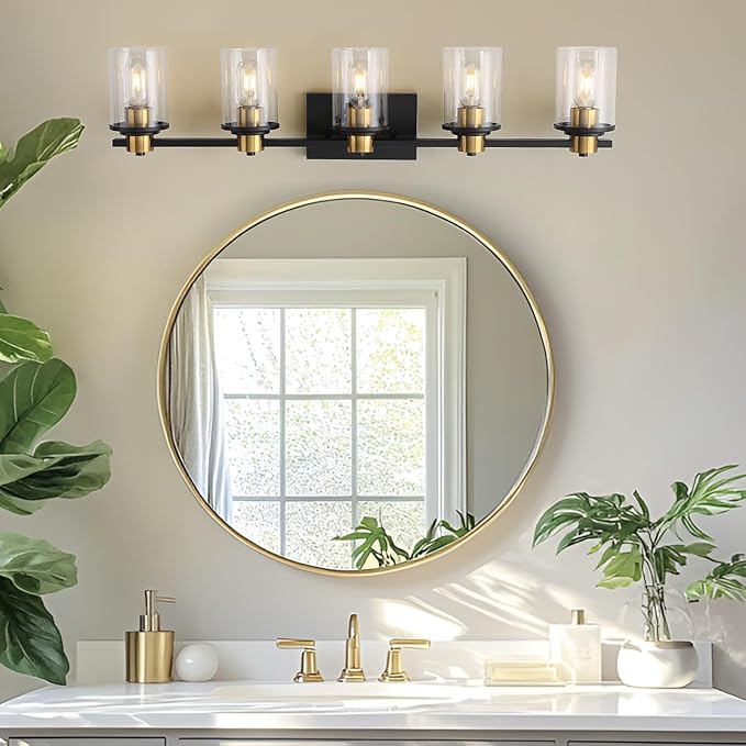 LOUSACE Bathroom Lighting Fixtures Black and Gold 5 Light Bathroom Vanity Light Over Mirror with Clear Glass Shades, Brushed Gold Socket Wall Vanity Lighting Fixtures for Bedroom Living Room