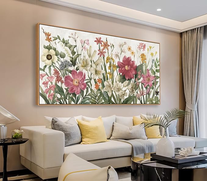 arteWOODS Botanical Framed Wall Art - Flowers Canvas Pictures Wall Decor Wildflowers Plants Painting Artwork Red Beige Blooming Floral Prints for Living Room Bedroom 58 x 29in Natural Wood Frame